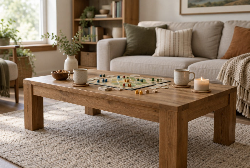 A rectangular solid wood coffee table with a board game, mugs and a candle on a wool rug in front of a sofa in a cozy family room