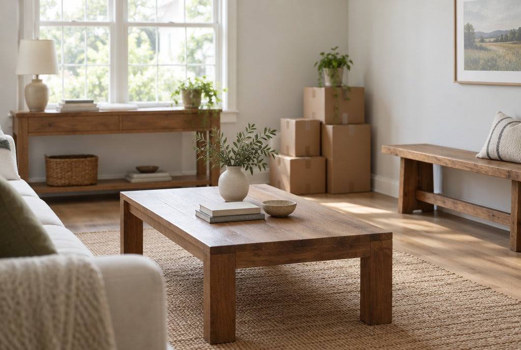 A bright first home living room with a solid wood coffee table, a console under a window and a solid wood bench, boxes still stacked in a corner
