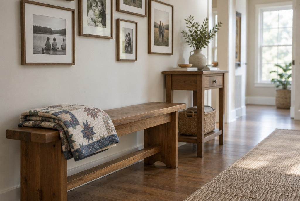 A solid wood bench and a small console in a family hallway with framed family photos above and a folded quilt on the bench