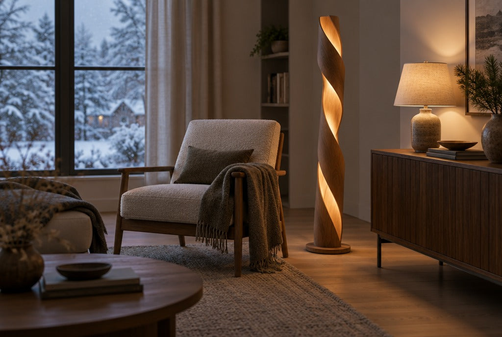 A cozy living room on a winter evening lit by a glowing sculptural wood floor lamp beside a reading chair and a table lamp on a console, snow outside