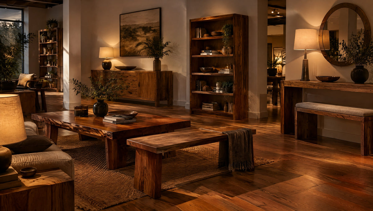 A bright showroom displaying newly built solid wood coffee tables, consoles, bookshelves, benches and lamps