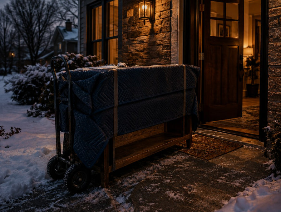 A blanket-wrapped solid wood console on a hand truck at the front door of a Midwestern home