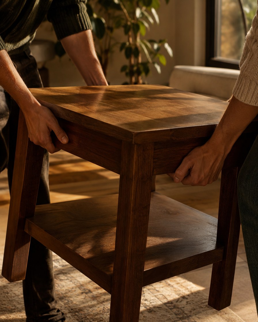 Two pairs of hands lifting a small solid wood side table together