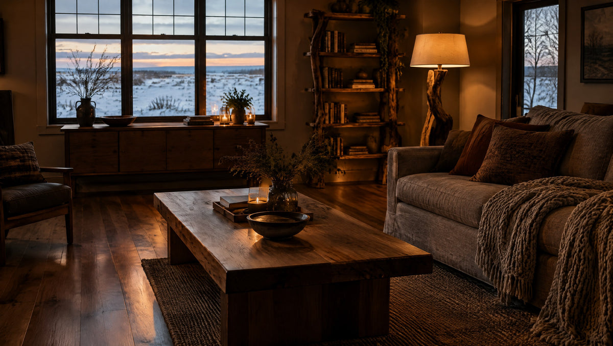 A warm Midwestern living room in winter with a solid wood coffee table, a console and a glowing wood floor lamp