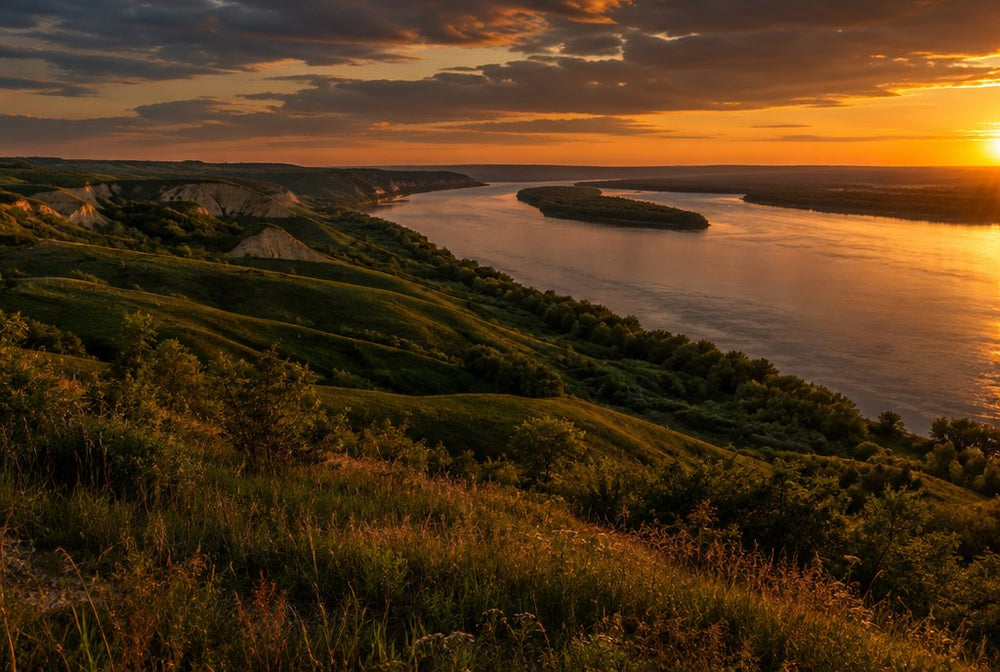 The Missouri River valley and loess hills near Sioux City at golden hour